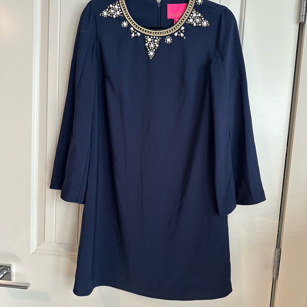Lilly Pulitzer BNWT Elegant Navy Blue Dress with Embellished Neckline